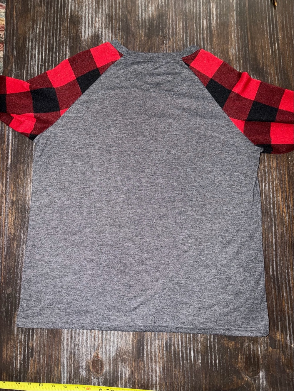 Women’s Gray Raglan Long Sleeve Tee with Red Plaid Sleeves - Merry Christmas - Picture 3 of 8